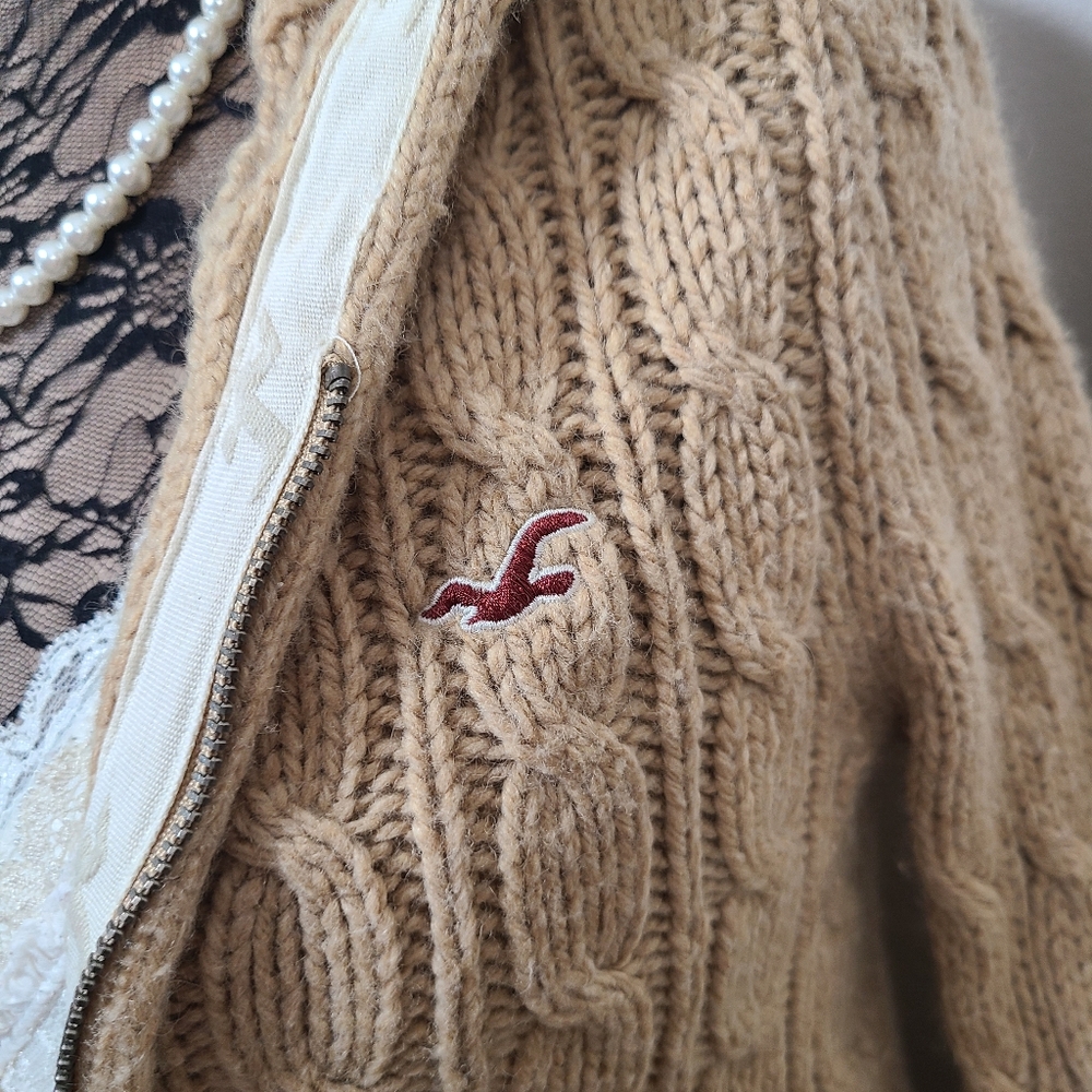 ♡ Y2K ♡ Hollister Tan Wool & Rabbit Hair Zip Down Hooded Babydoll Sweater 2000s - Picture 6 of 13